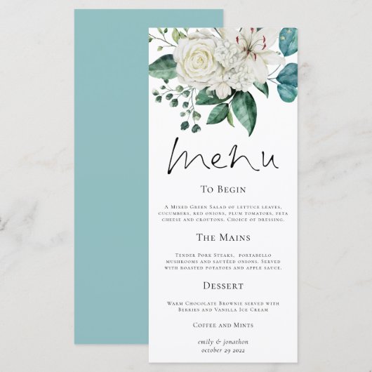 Modern White Florals Eucalyptus Wedding Menu (Voorkant / Achterkant)