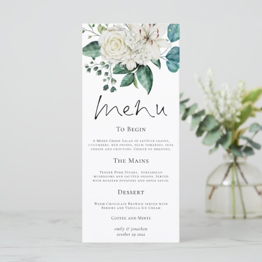 Modern White Florals Eucalyptus Wedding Menu (Staand voorkant)