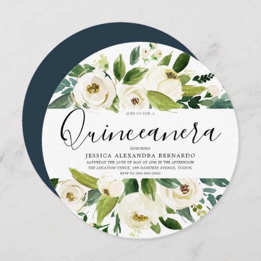 Modern White Florals Green Leaf Quinceanera Party Kaart (Voorkant / Achterkant)
