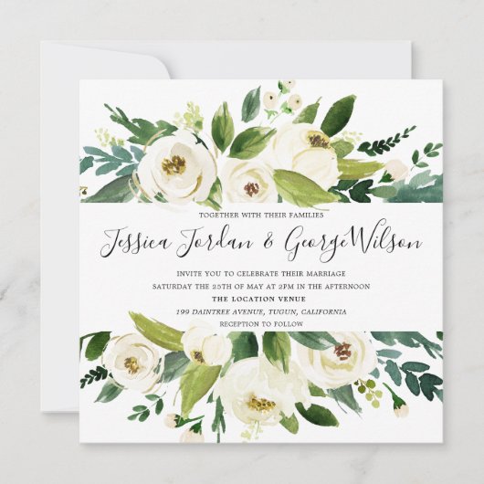 Modern White Florals Green Leaf Wedding Invite Kaart (Voorkant)