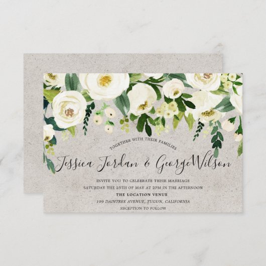 Modern White Flowers Elegant Wedding Invitation Kaart (Voorkant / Achterkant)