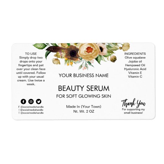 Modern White Flowers Face Serum Labels (Voorkant)