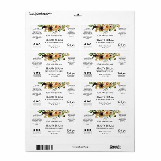 Modern White Flowers Face Serum Labels (Full Sheet)