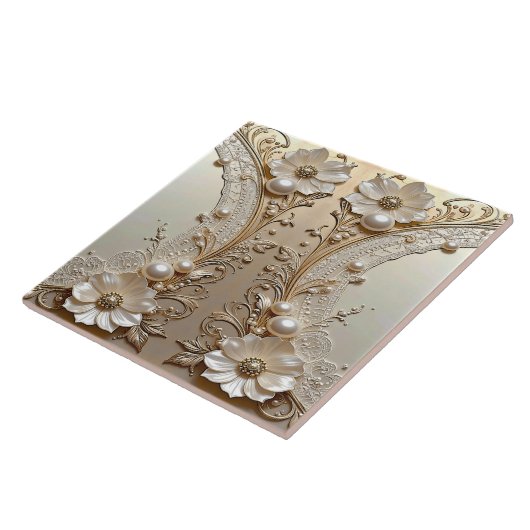 Modern White Flowers Pearls Ceramic Tile Tegeltje (Zijkant)