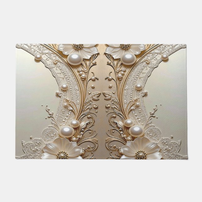 Modern White Flowers Pearls Doormat Deurmat (Voorkant)