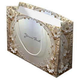 Modern White Flowers Pearls Gift Bag Groot Cadeauzakje