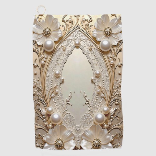 Modern White Flowers Pearls Golf Towel Golfhanddoek (Voorkant)