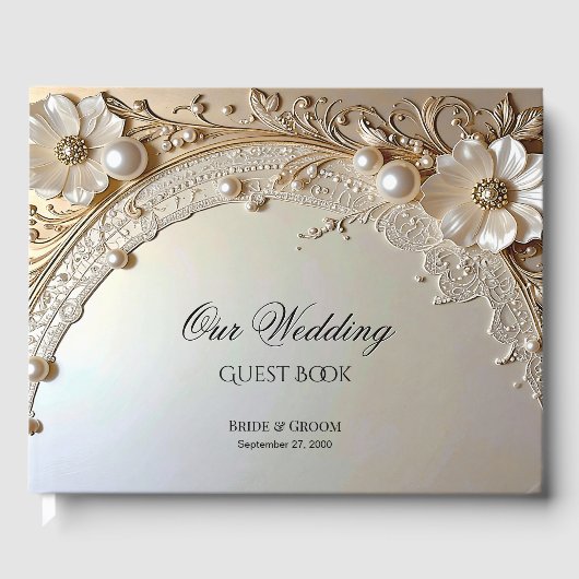 Modern White Flowers Pearls Guest Book Gastenboek (Voorkant)