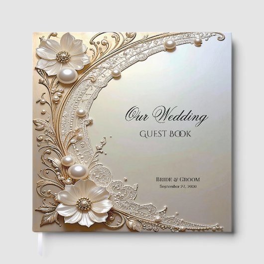 Modern White Flowers Pearls Guest Book Gastenboek (Voorkant)