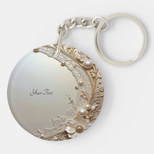 Modern White Flowers Pearls Keychain (Achterkant)