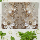 Modern White Flowers Pearls Kitchen Towel Theedoek (Gevouwen)