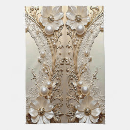 Modern White Flowers Pearls Kitchen Towel Theedoek