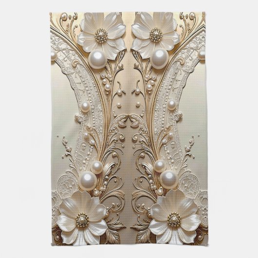 Modern White Flowers Pearls Kitchen Towel Theedoek (Verticaal)