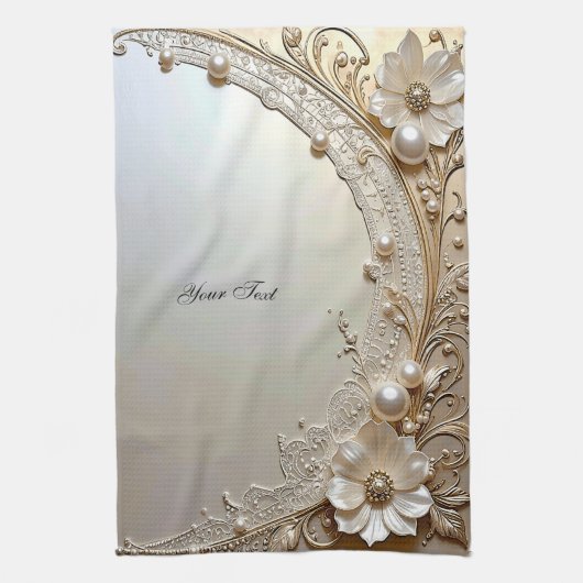 Modern White Flowers Pearls Kitchen Towel Theedoek (Verticaal)