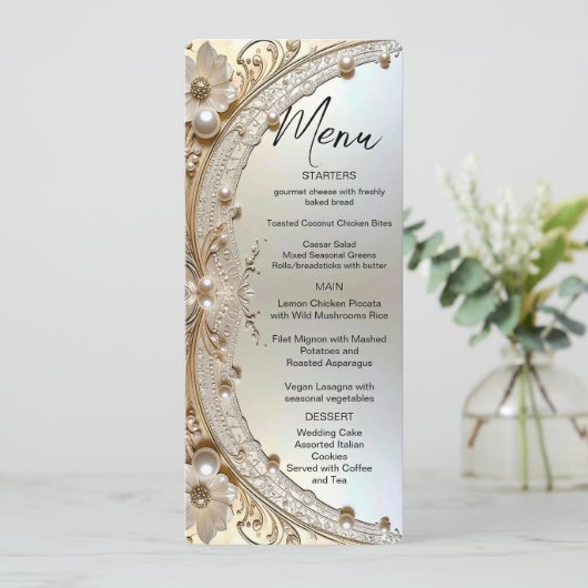 Modern White Flowers Pearls Menu (Staand voorkant)