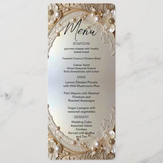 Modern White Flowers Pearls Menu (Voorkant)
