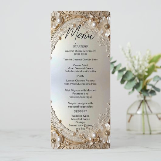 Modern White Flowers Pearls Menu (Staand voorkant)