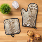 Modern White Flowers Pearls Ovenwant & Pannenlap Set (Top down)