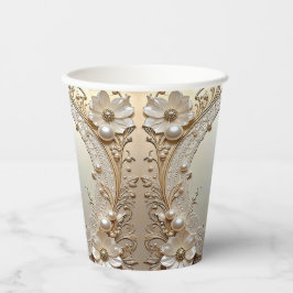 Modern White Flowers Pearls Paper Cups Papieren Bekers