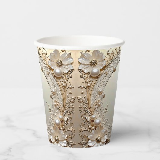 Modern White Flowers Pearls Paper Cups Papieren Bekers (Voorkant)
