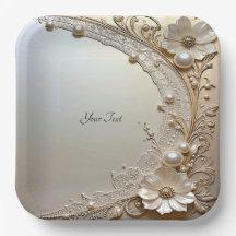 Modern White Flowers Pearls Paper Plate