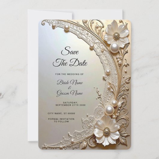 Modern White Flowers Pearls Save the Date (Voorkant)