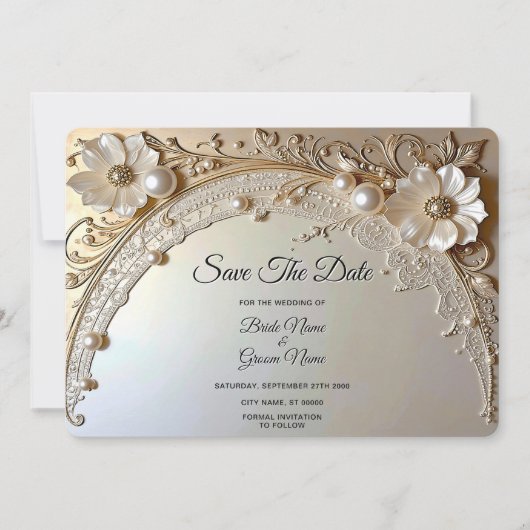 Modern White Flowers Pearls Save The Date (Voorkant)