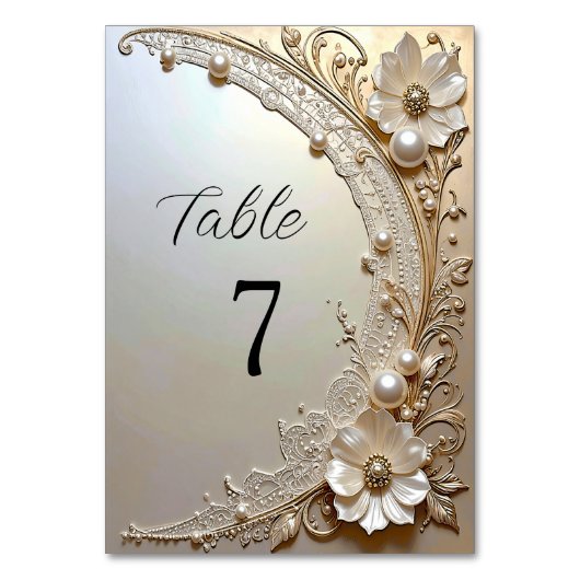 Modern White Flowers Pearls Table Number Kaart (Voorkant)