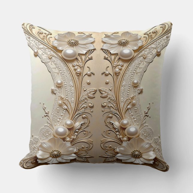Modern White Flowers Pearls Throw Pillow Kussen (Voorkant)