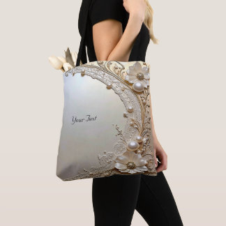 Modern White Flowers Pearls Tote Bag
