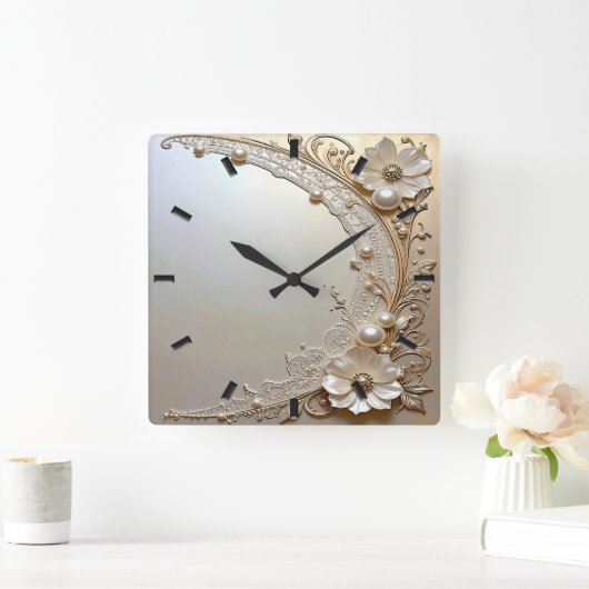 Modern White Flowers Pearls Wall Clock Vierkante Klok (Huis)