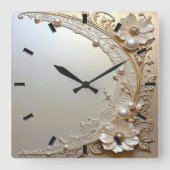 Modern White Flowers Pearls Wall Clock Vierkante Klok (Voorkant)