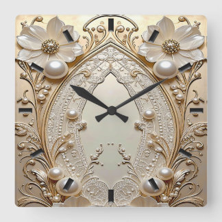 Modern White Flowers Pearls Wall Clock Vierkante Klok