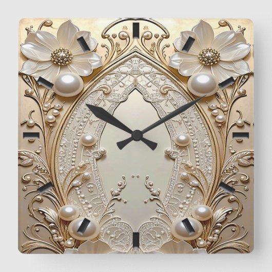 Modern White Flowers Pearls Wall Clock Vierkante Klok (Voorkant)