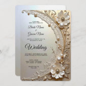 Modern White Flowers Pearls Wedding Invitation Kaart (Voorkant / Achterkant)