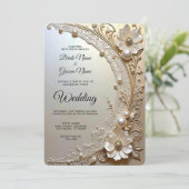 Modern White Flowers Pearls Wedding Invitation Kaart (Staand voorkant)