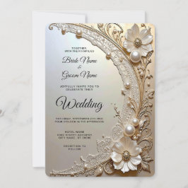Modern White Flowers Pearls Wedding Invitation Kaart
