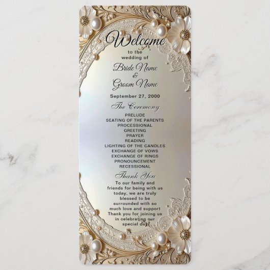 Modern White Flowers Pearls Wedding Program Programmakaart (Voorkant)