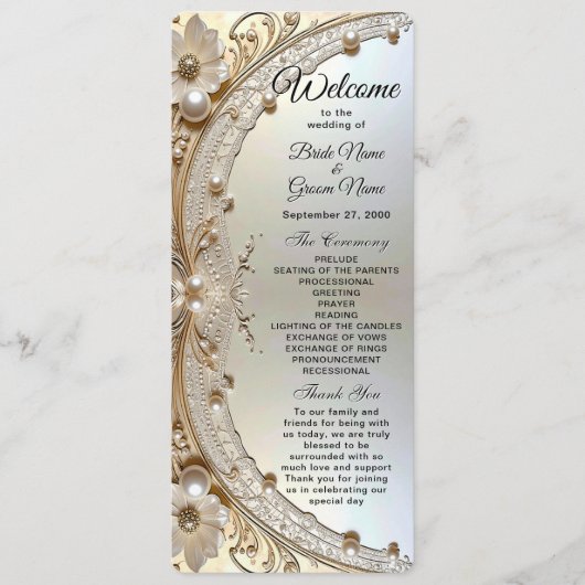Modern White Flowers Pearls Wedding Program Programmakaart (Voorkant)