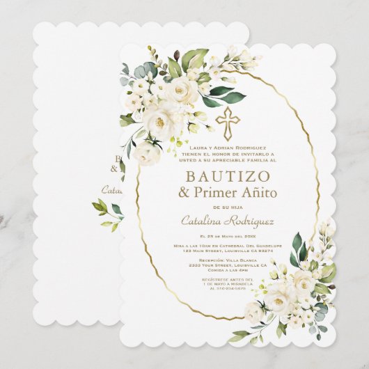 Modern White Flowers Spain 1st Birthday Baptisme Kaart (Voorkant / Achterkant)