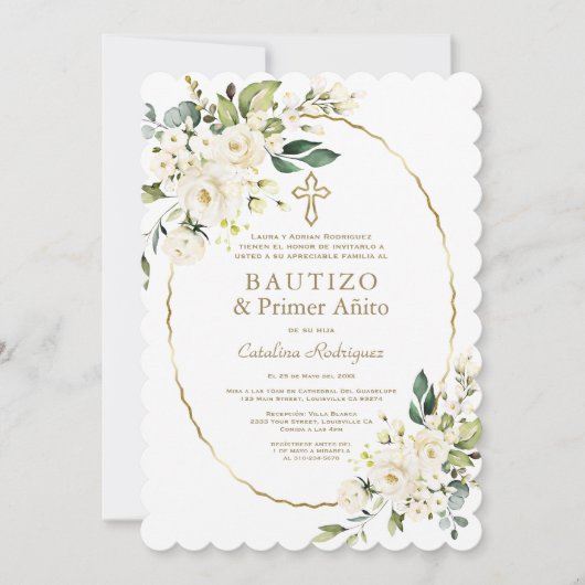 Modern White Flowers Spain 1st Birthday Baptisme Kaart (Voorkant)