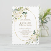 Modern White Flowers Spain 1st Birthday Baptisme Kaart (Staand voorkant)