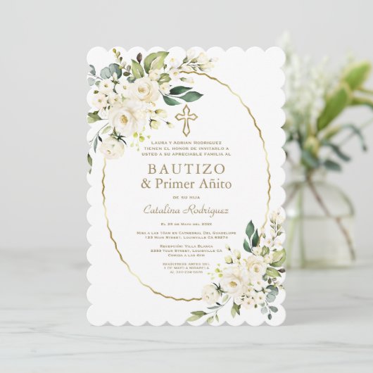 Modern White Flowers Spain 1st Birthday Baptisme Kaart (Staand voorkant)