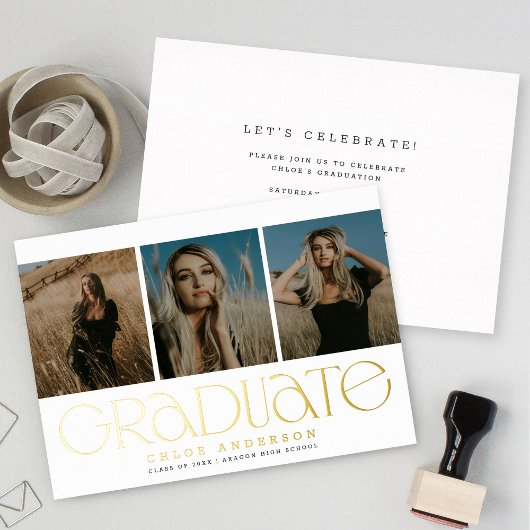 Modern White Gold 3 foto Afstuderen aankondiging