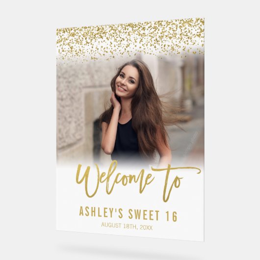 Modern White Gold Glitter Sweet 16 Foto Welkom Acryl Bord (Hoek)