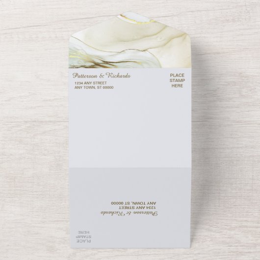 Modern White Gold Marble Elegant Wedding All In One Uitnodiging (Buitenkant)