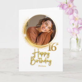 Modern White & Gold Photo Name 16th Birthday Kaart