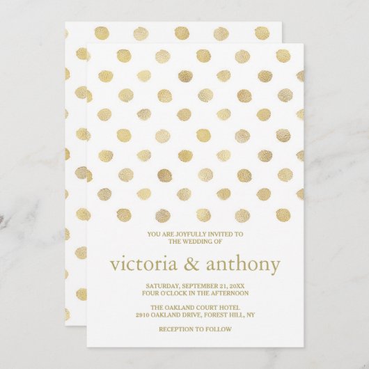 Modern White & Gold Polka Dots Wedding Kaart (Voorkant / Achterkant)
