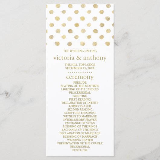 Modern White & Gold Polka Dots Wedding Programme Programmakaart (Voorkant)