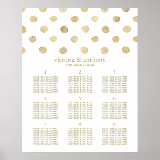 Modern White & Gold Polka Dots Wedding Table Plan Poster (Voorkant)